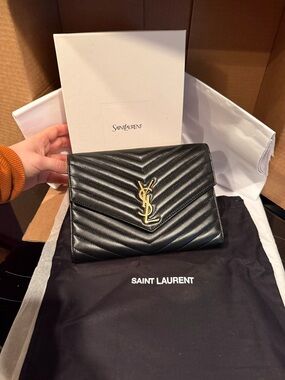 Saint Laurent Black Cassandre YSL Monogram Flap Clutch Bag in Smooth Leather